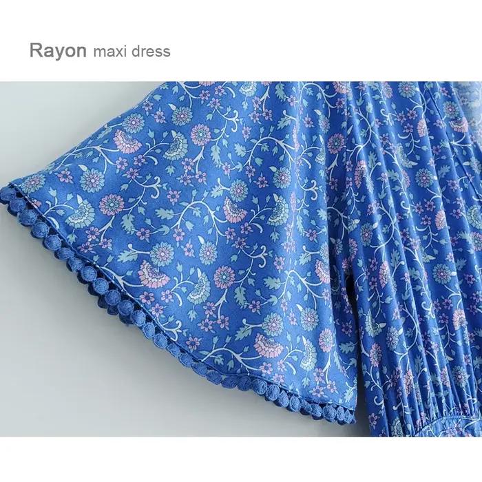 Robe maxi TEELYNN en coton bleu rayonne imprimé floral sexy v profond boho été ample hiphélicoptère longue éducative