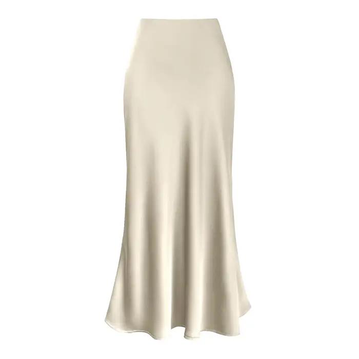 Jupe longue en satin de soie élégante à volants pour femmes, couleur unie, fermeture éclair au dos, occassions spéciales, chez soi, quotidien, décontracté