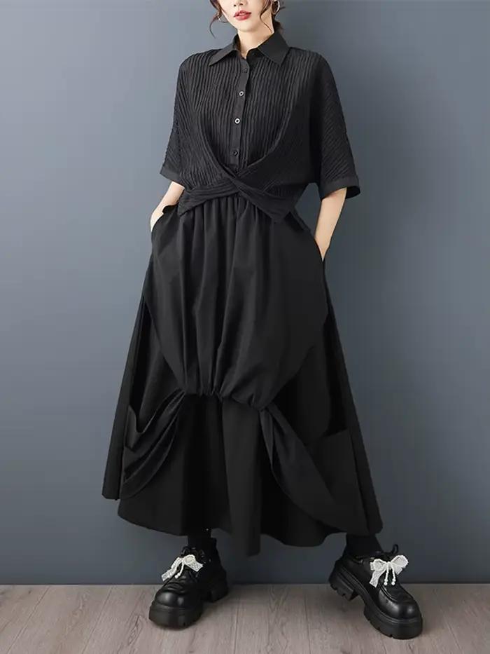 Jupe longue décontractée noire vintage à taille haute avec empiècements plissés pour femme, grande taille, nouvelle collection printemps-été-automne 2026