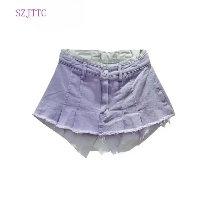 Jupe en jean femme taille haute plissée Patchwork couleur contrastée grandes poches bavures a-ligne Mini