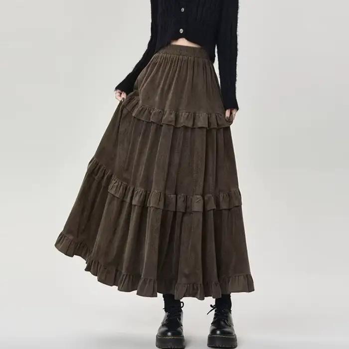 Jupe mi-longue Qiukichonson en velours polyester vintage coréenne à volants pour femmes, haute saison automne-hiver, style une ligne, tour de taille empire, ajustement lâche, confortable et élégante