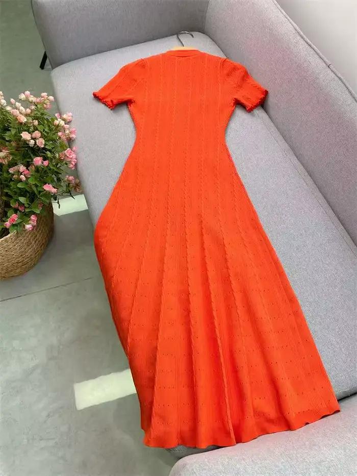 Robe longue tricotée Orange à simple boutonnage pour femmes, nouvelle mode printemps été 2021, col rond, élégante, Slim, manches courtes