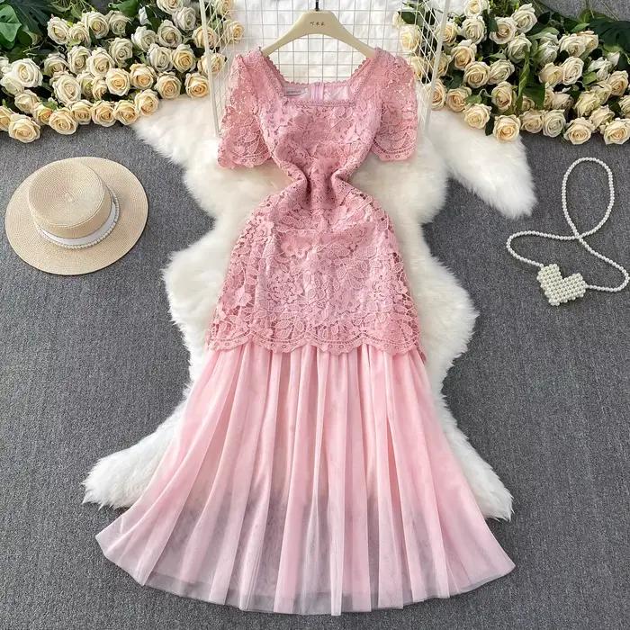 Marque formelle luxe robe de soirée femmes été à manches courtes broderie Crochet dentelle longues robes dame Tulle