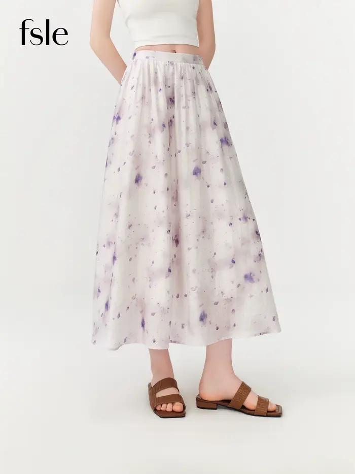 Jupe midi évasée tie-dye lilas pour femme, taille haute et tombé fluide, idéale pour les vacances et les sorties quotidiennes, élégante et confortable