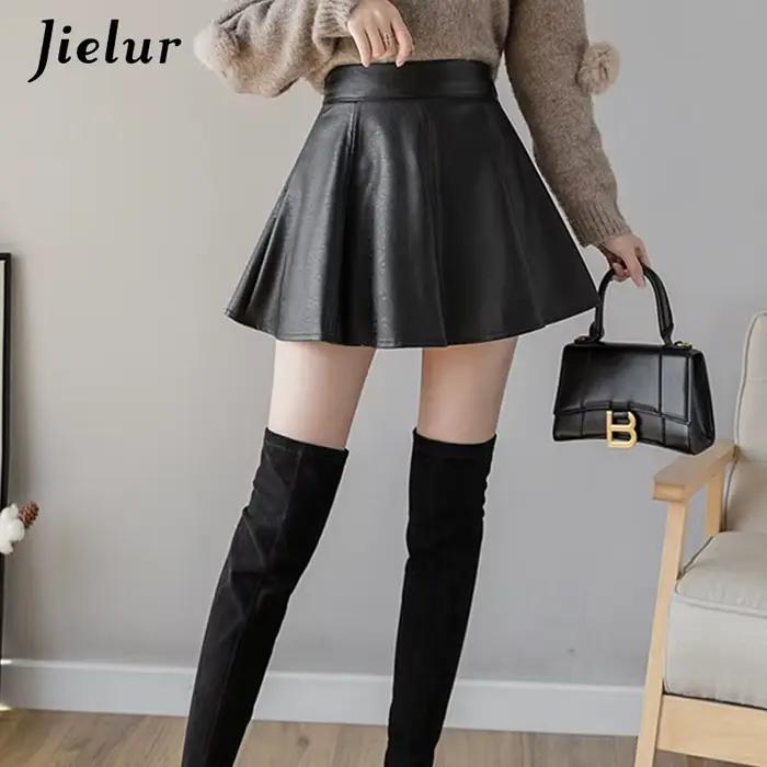 Jielur PU jupe plissée automne femmes couleur unie en cuir jupes d'hiver