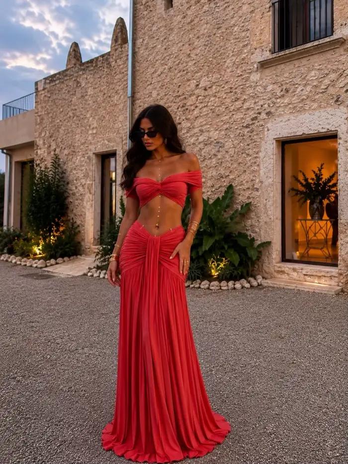 Jupe longue plissée en mousseline de soie rouge froncée à taille haute pour femme, idéale pour les soirées et la plage, tendance été