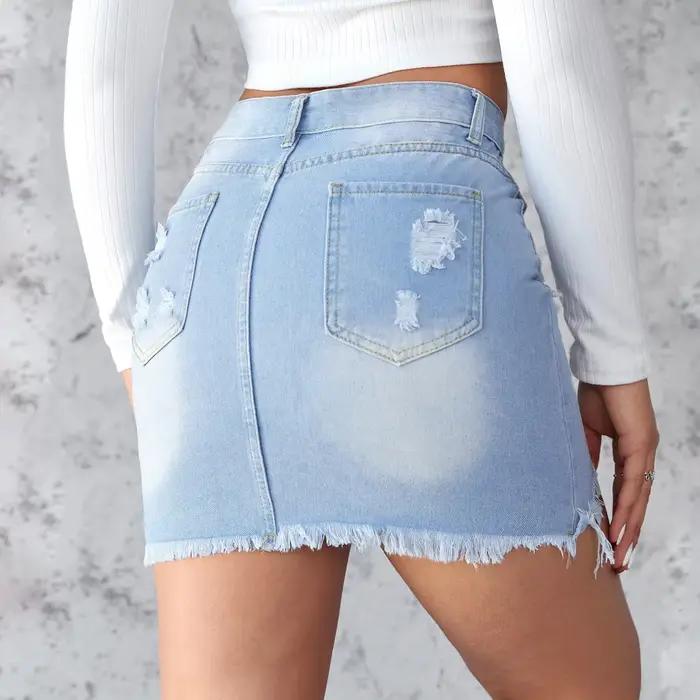 Été nouvelle jupe en jean pour femmes mode courte Sexy déchiré bord brut