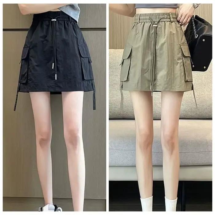 Jupe cargo ample taille haute à lacets et grandes poches, style streetwear pour femme, coupe mi-longue, style Spicy Girl