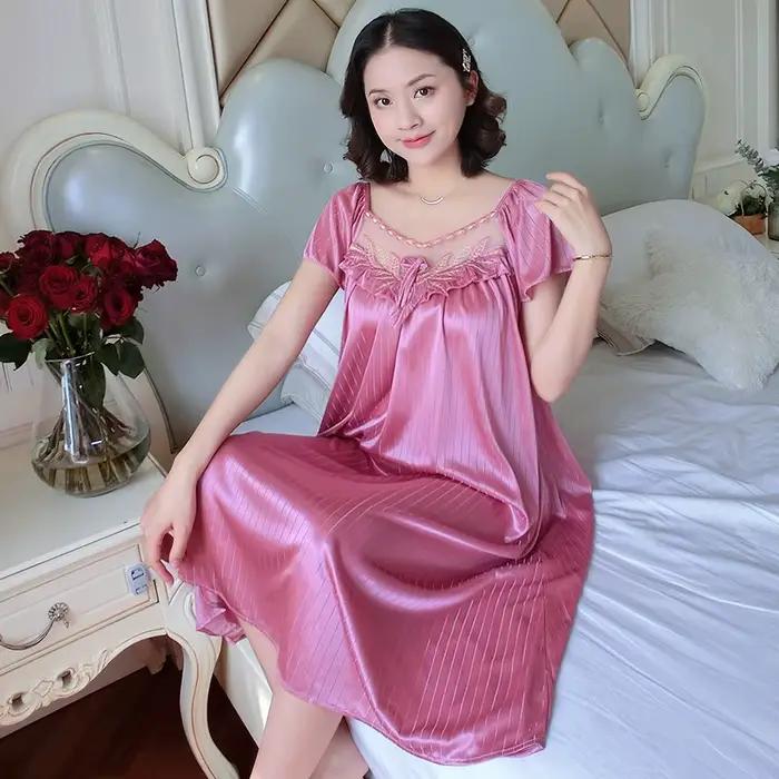 Dames glace soie chemises de nuit robe de nuit longueur moyenne à manches courtes chemise de nuit vêtements de nuit sexy vêtements de maison vêtements de détente pyjama Femme