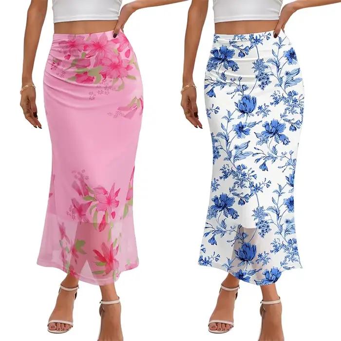 2025 femmes jupes longues florales Boho imprimé taille basse en mousseline de soie fluide jupe droite été automne