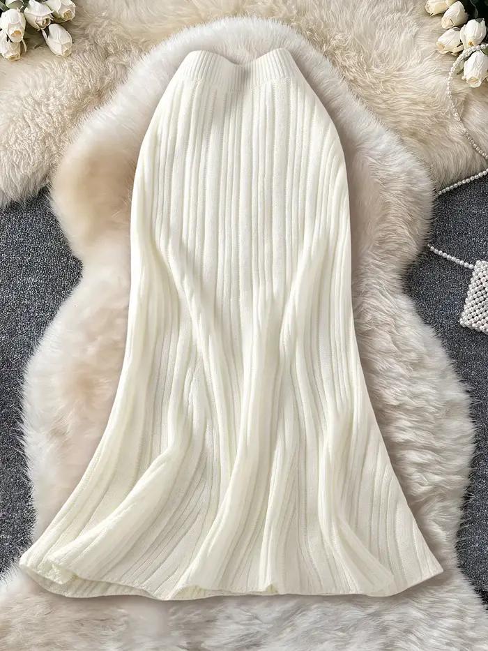 Jupe midi en maille côtelée crème pour femme, taille haute, coupe ajustée, ourlet évasé, décontractée pour le quotidien