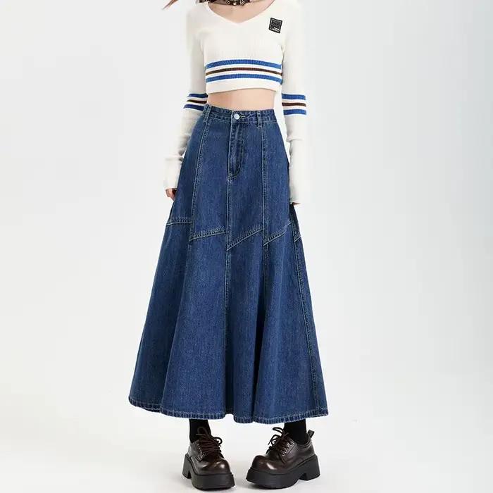 Femmes bleu a-ligne Denim jupe Vintage esthétique Y2k Patchwork nouvelle Jean