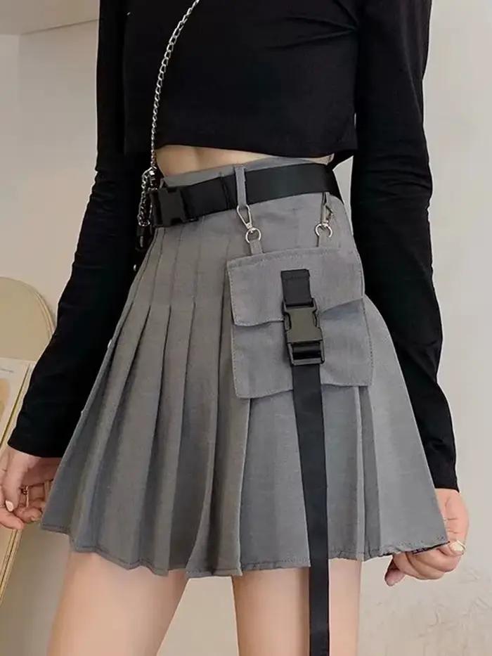 Zoki Harajuku ceinture plissée Cargo jupe femmes mode gothique taille haute poche Mini jupes