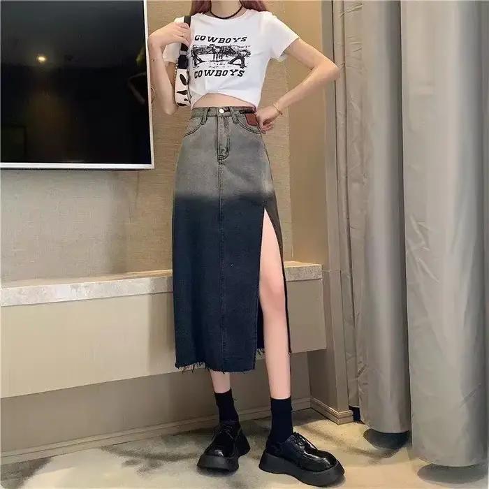 Jupe en jean taille haute avec fente pour femme