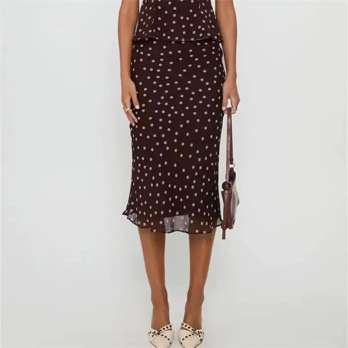 Jupe longue sirène fluide à pois en mousseline rétro taille haute pour femme avec ourlet à volants