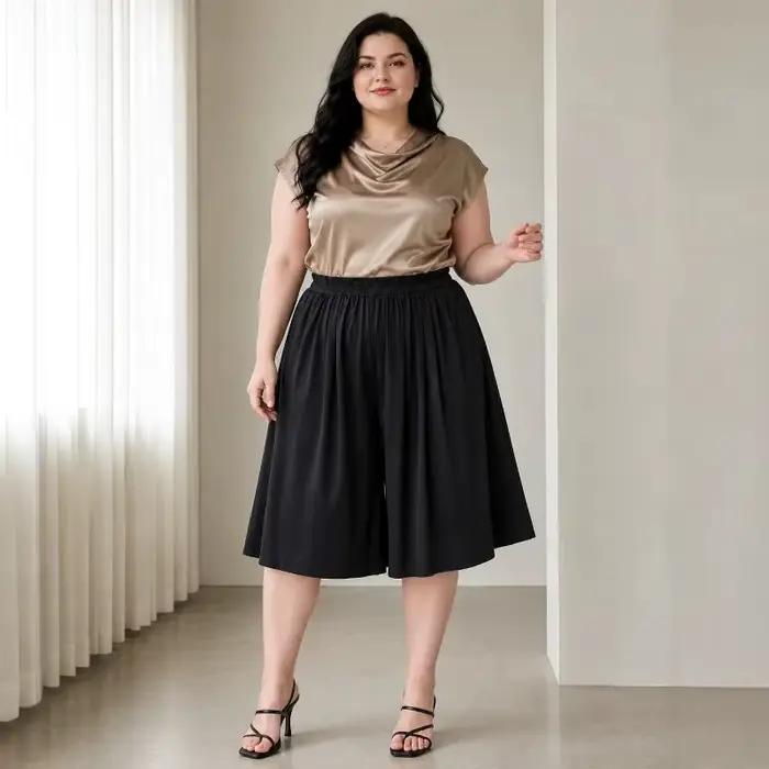 Shorts-jupe ample pour femme en coton polyester élasthanne style décontracté et plissé pour les journées estivales grandes tailles