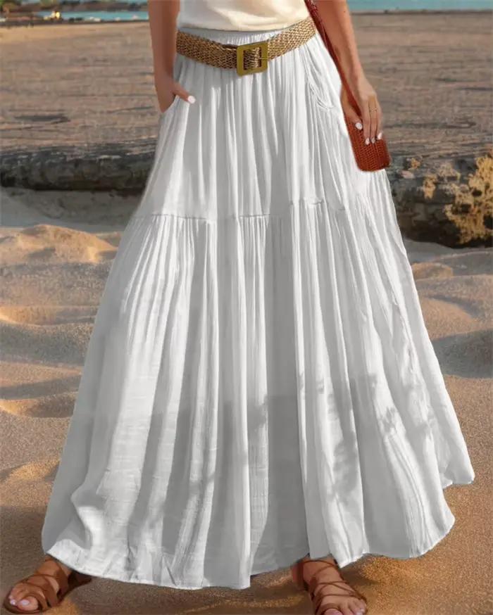 Jupe longue élastiquée unie à taille élastique et ourlet ceinturé pour femme