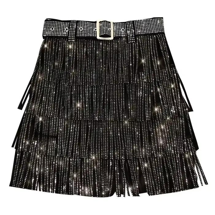 Femmes jupe mode 2025 nouveau automne taille haute ceinture multicouche courte lourde forage strass