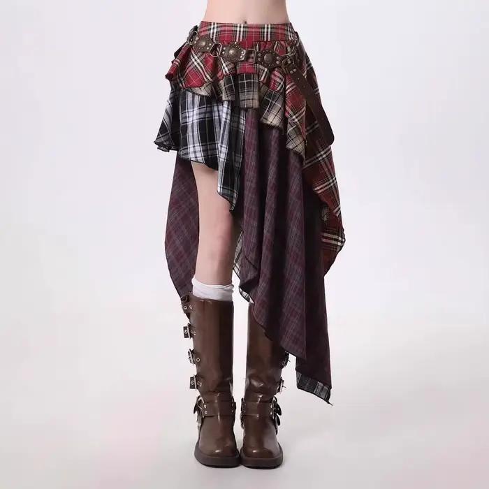 Jupe mi-longue à carreaux irréguliers pour femmes au printemps et en été, douce et fraîche, fille épicée, taille haute, Style amincissant et sportif