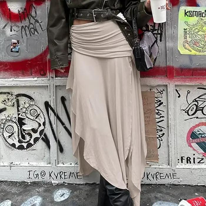 Jupe longue décontractée à cordon de serrage pour femmes, ourlet fendu, ample, mi-longue, silhouette une ligne, style streetwear chic pour automne et tenues élégantes
