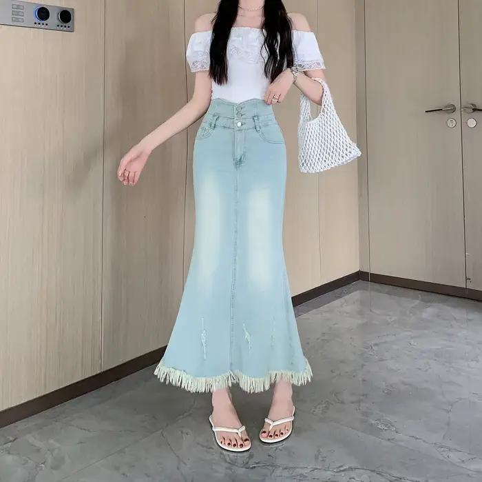 Jupe longue en jean style américain pour femme, coupe queue de poisson, taille haute, effet amincissant, ourlet rétro, design estival, style urbain