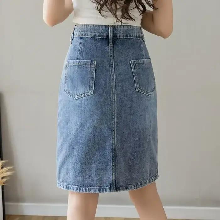 Jupe en jean mi-longue avec poche pour femme, vêtements trapèze mignons, jupes en jean femme, chic potelé, élégant, modeste, vente, Kawaii