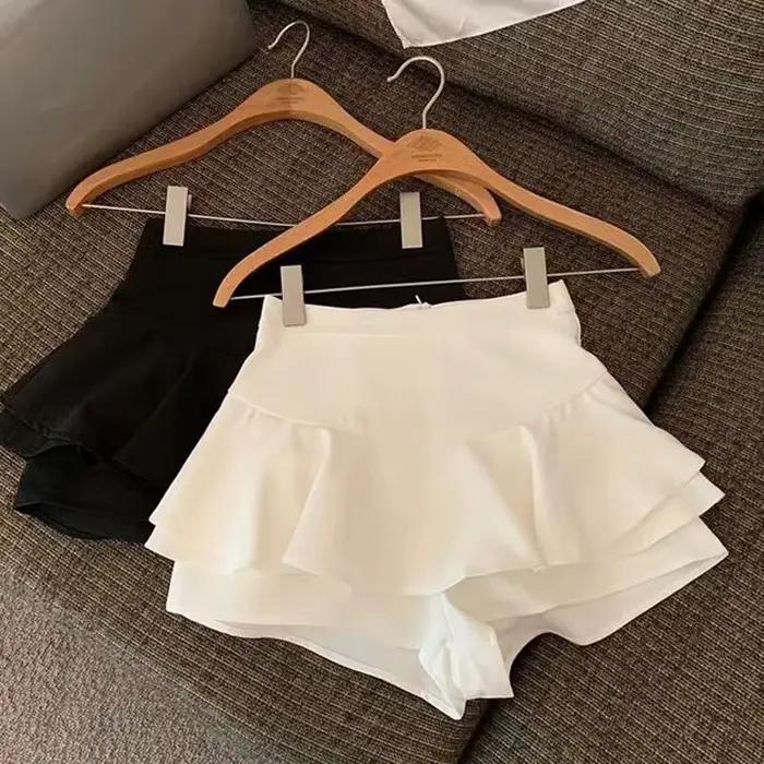Jupes trapèze d'été pour femmes, mini-jupe coréenne taille haute à volants et fermeture éclair, jupes courtes JK noires et blanches polyvalentes pour femmes