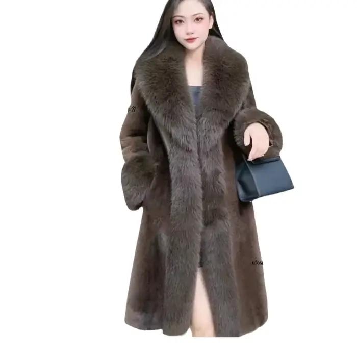 Manteaux en fausse fourrure pour femmes, manteau Long épais et chaud, col rabattu, point ouvert, vestes d'extérieur de printemps, épissure élégante, automne hiver