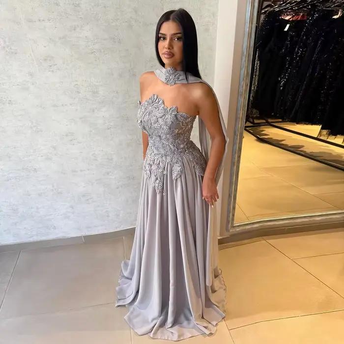 Robe de soirée élégante sans bretelles coupe trapèze avec perles pour femme 2026 – Robe longue de luxe en mousseline pour bal de promo, mariage et fête, personnalisable