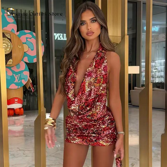 Paillettes Mini jupe costume femmes été plage mince col bénitier haut court jupes ensemble dame vacances brillant dos nu ensembles femme Sexy Chic