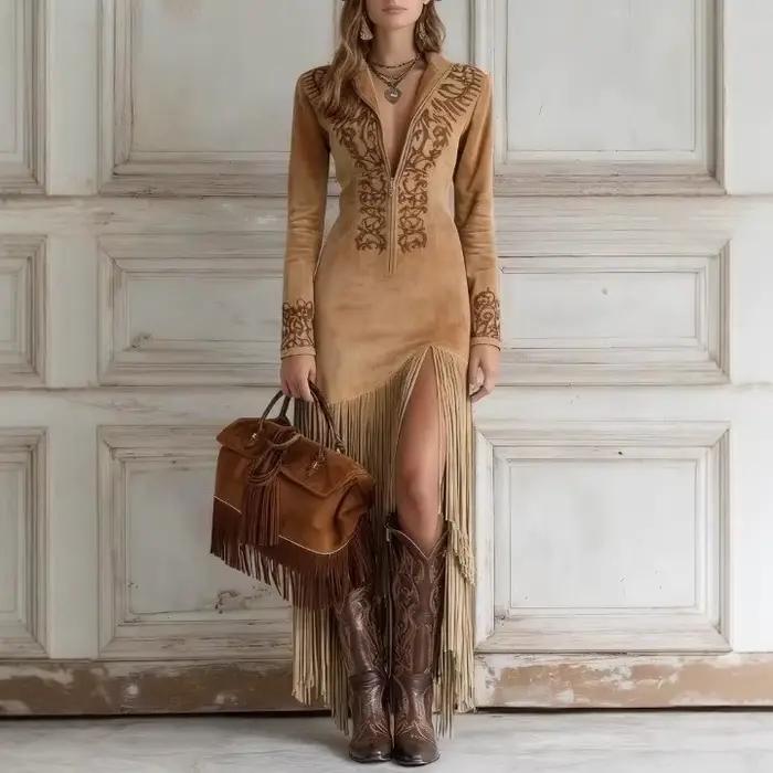 Robe longue à fermeture éclair de style ethnique rétro pour femme, jupe midi, tenue décontractée pour le travail, la danse, les soirées, la ville et les trajets quotidiens