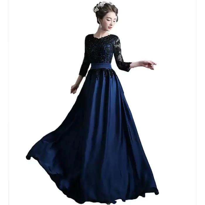 Robe de mariée à paillettes à manches longues pour mariée, jupe trapèze personnalisée, bleue et noire, banquet annuel, soirée du président