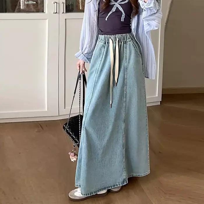 Jupes longues en Denim pour femmes, cordon élastique, taille haute, ligne A, évasée, pour printemps et automne, Streetwear Y2K