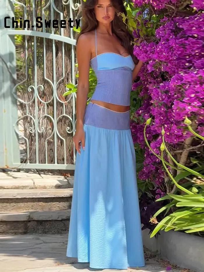 Ensemble jupe et haut contrastant pour femme, style mode, avec haut sans manches dos nu à bretelles et jupe trapèze, collection été 2026