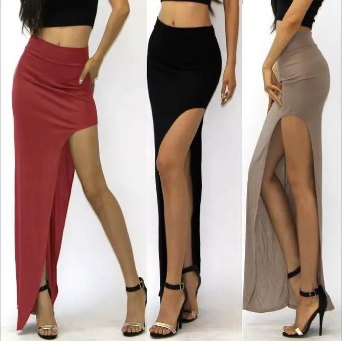 Robe longue moulante, Sexy, taille haute, fente latérale, exposure de jambes colorées, jupe longue en tissu tricoté, Style élégant pour femmes adultes