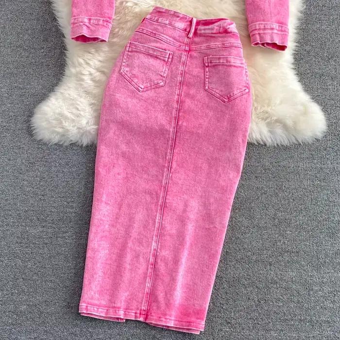 Denim 2 pièces ensembles veste jupe femmes costume jupes longues tenues d'extérieur simple boutonnage poches lavé manteau Ensemble 2025