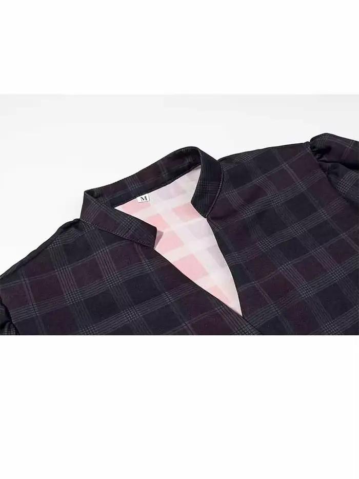 HH femme jupe costume mode Plaid manches longues simple boutonnage col en V chemise hauts + Chic taille haute fermeture