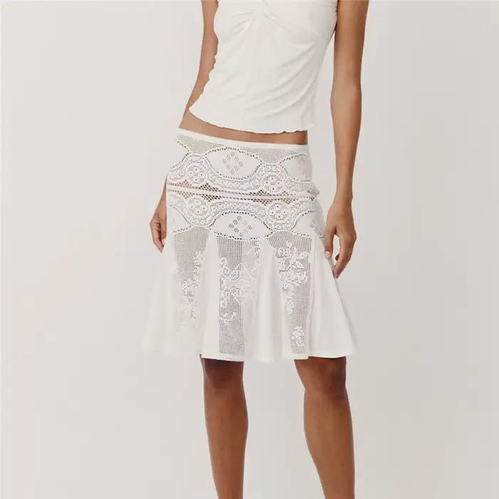 Jupe midi en dentelle crochet pour femme, taille basse, maille florale ajourée transparente, ourlet à volants, jupe au genou, style bohème, pour les vacances, jupe de plage
