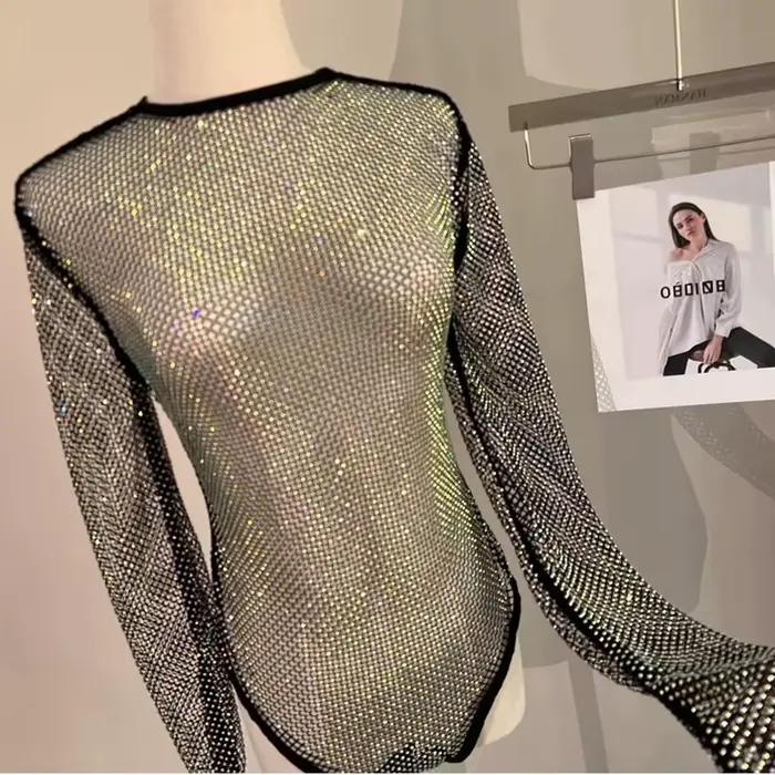 Combinaison à manches longues pour femmes, barboteuse Sexy en maille ajourée, tenue décontractée scintillante pour tenues de nuit en Club d'été