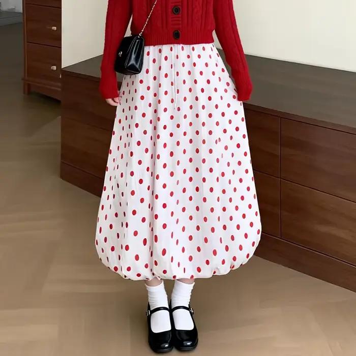 Jupe longue ample à pois rouge pour femme