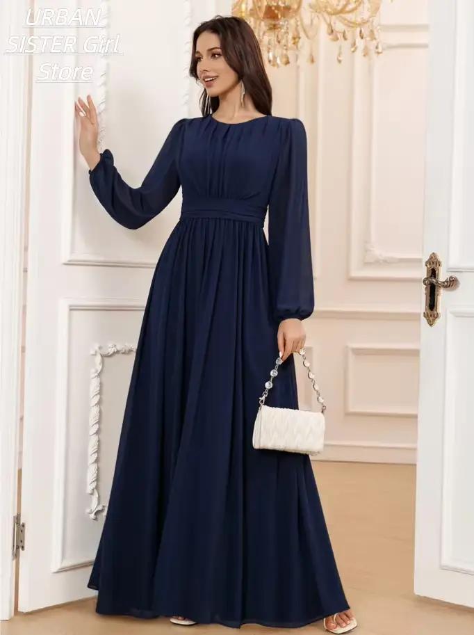 Robe longue en mousseline bleu marine à col rond, avec plis sur le devant, manches lanternes, taille haute et design fluide, idéale pour les femmes musulmanes, les célébrations de l'Aïd, les invitées 