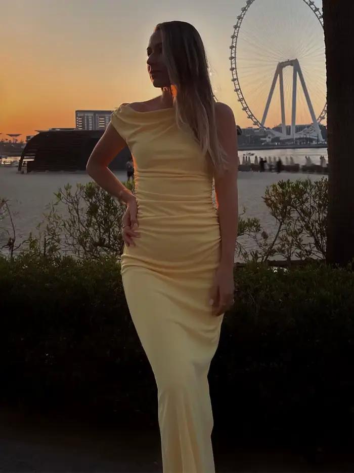 HH – robe fourreau longue élégante pour femmes, jaune, col rond, sans manches, plis décoratifs, fermeture éclair, mode fendue, été