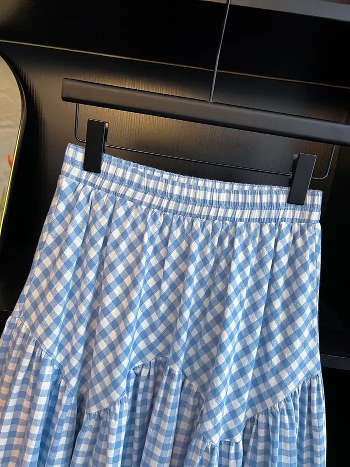 Jupe longue trapèze bleue à carreaux pour femme, style coréen, ample, dissimule les hanches, design unique, décontractée, pour le quotidien