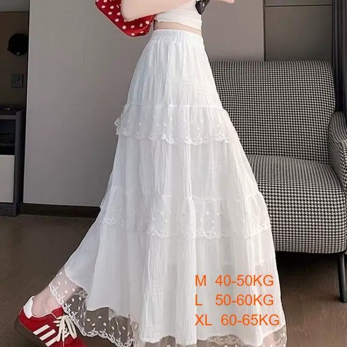 Jupes longues en tulle pour femmes, taille haute élastique, avec patchwork de dentelle, jupe à volants blancs, style A-line plissée et moelleuse
