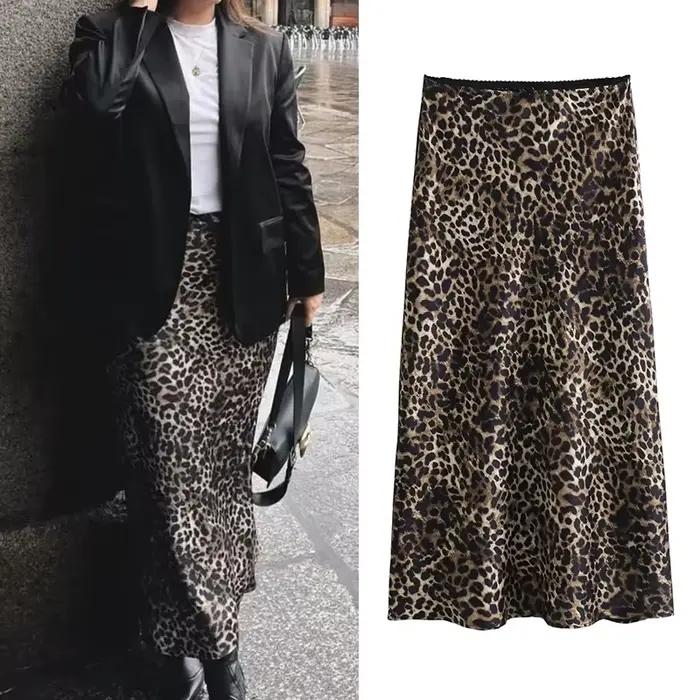 MUJER imprimé léopard Satin jupe femme nœud Vintage