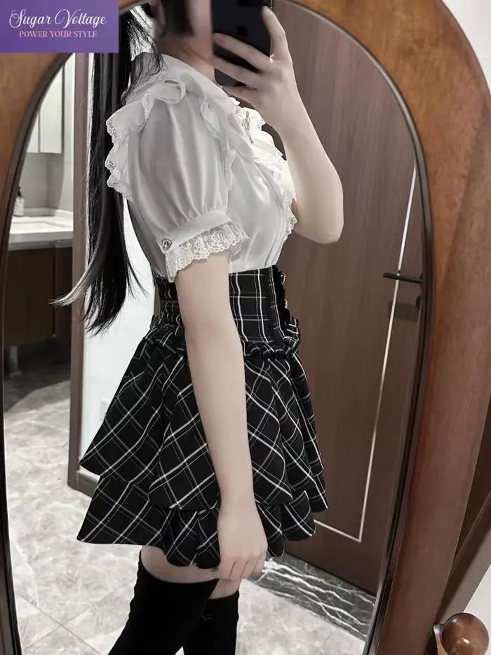 Japonais mignon doux Y2k Lolita gâteau jupe femmes taille haute strass Plaid à volants couches jupes Kawaii a-ligne Mini jupes polyester volants fantaisie occassions spéciales