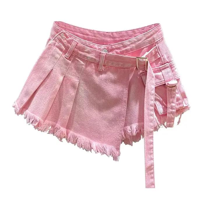 Mini jupe en jean rose irrégulière pour femme