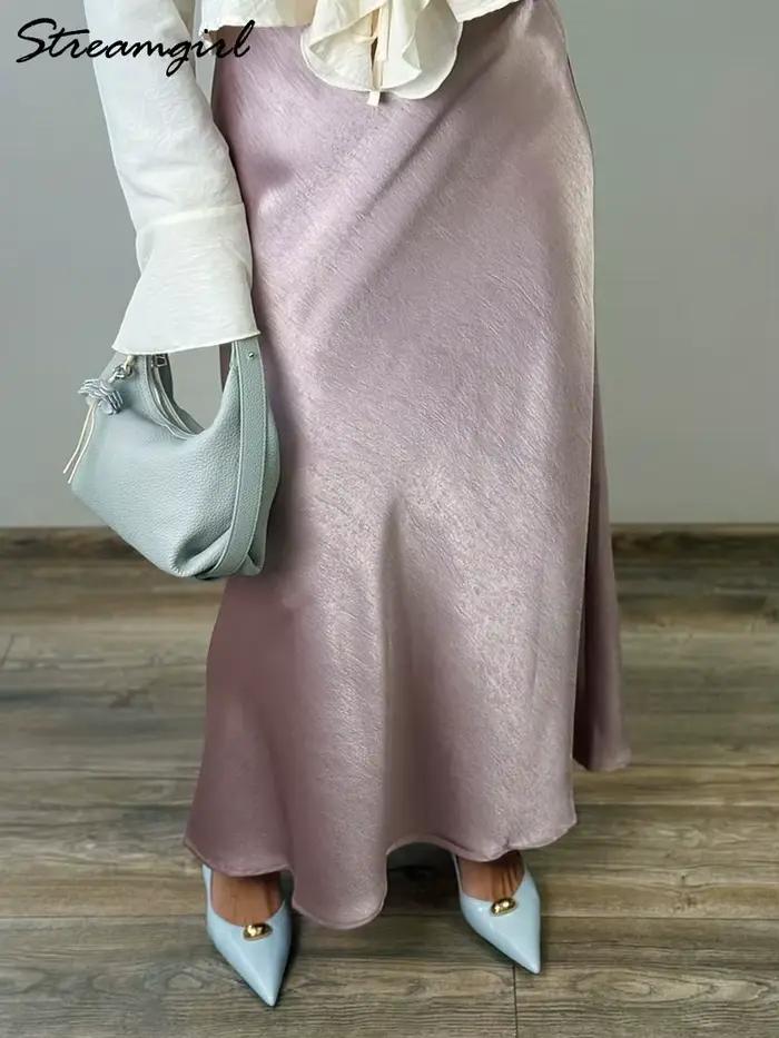 Streamgirl rose soie jupes pour femmes Midi bleu clair jupe Satin haute qualité luxe