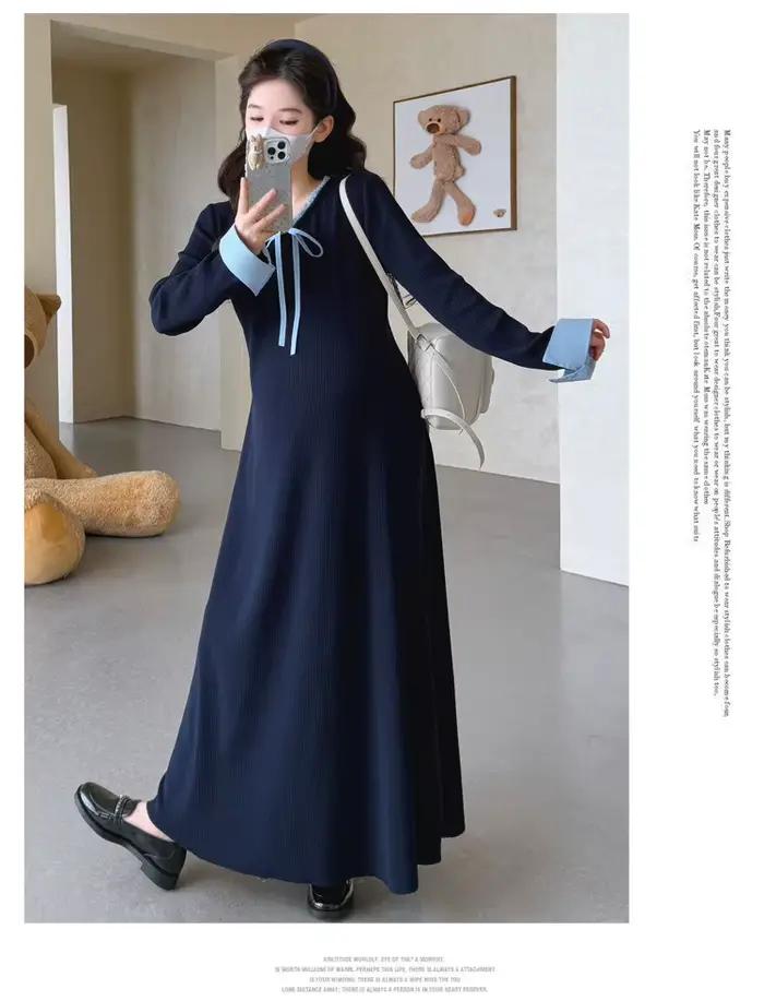 Robe de maternité printemps-automne, style preppy, mignonne, douce, polyvalente, confortable, à manches longues, en tricot, pour femmes enceintes
