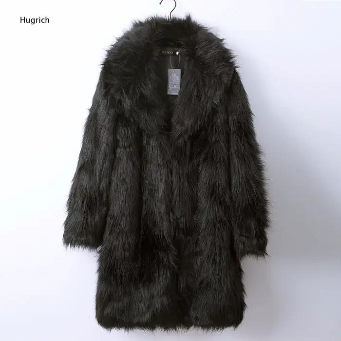 Manteau mi-long en fausse fourrure noire pour homme, col large à revers, ouverture sur le devant, veste d'hiver moelleuse